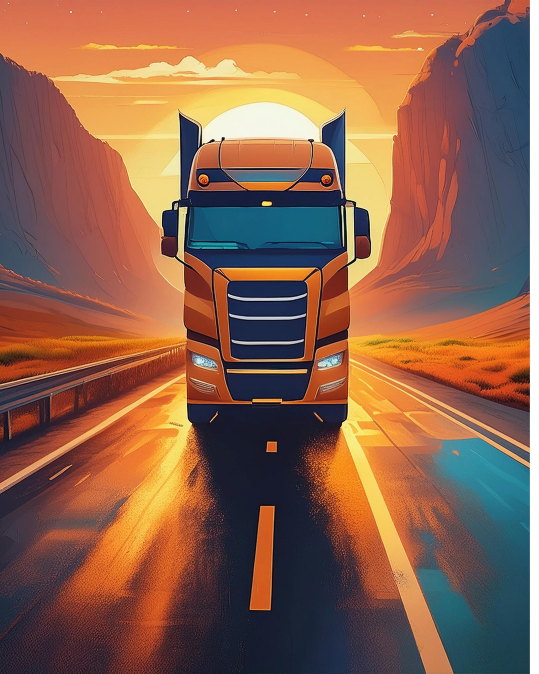 Tractor driving in sunset